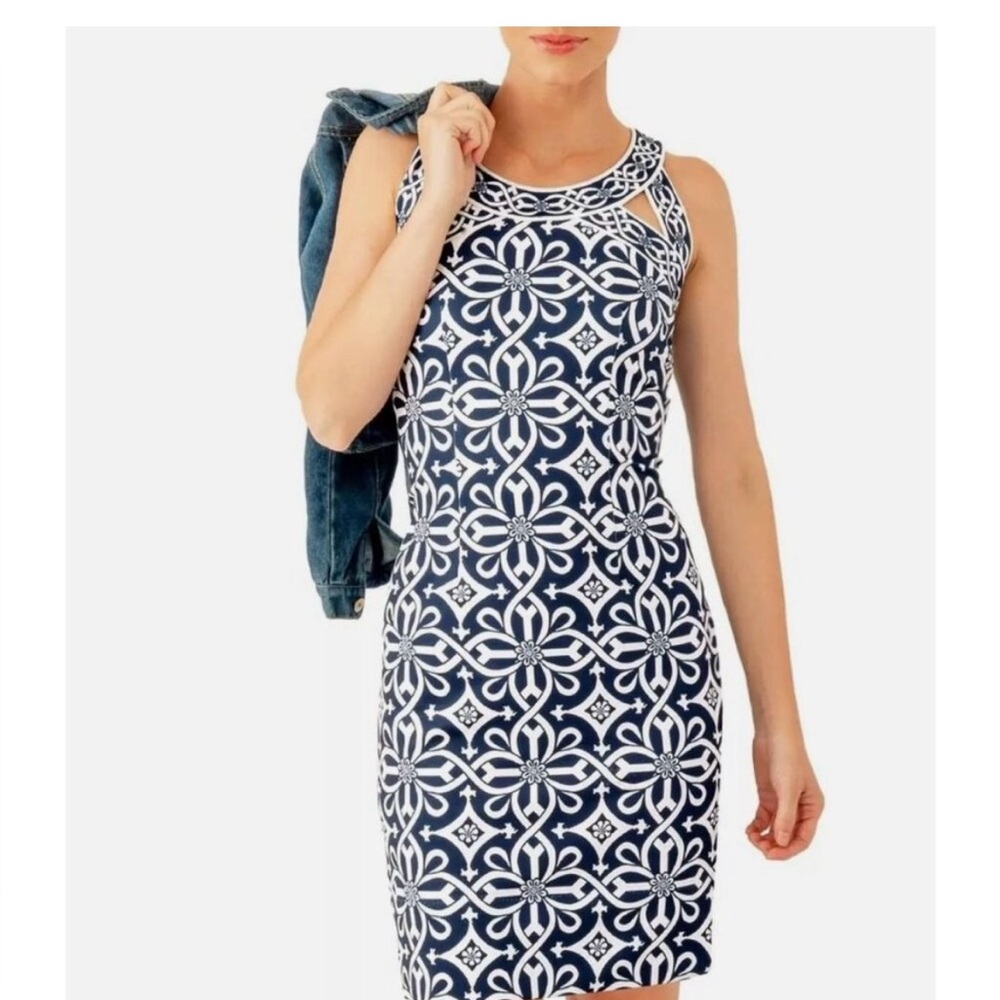 Gretchen Scott Designs Navy and White Patterned Sleeveless Fitted Dress - Picture 6 of 7